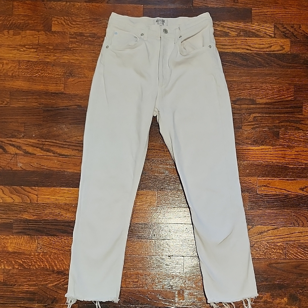 Agolde Riley Ultra High Rise Cropped Straight White Jeans Distressed Hem Size 27
